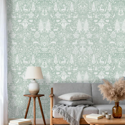 WENMER Forest Animal Wallpaper, 17.7" x 590" Green and White Contact Paper, Woodland Peel and Stick Wallpaper with Deer Rabbit Fox, Self Adhesive Removable Wall Paper for Living Room Bedroom Nursery