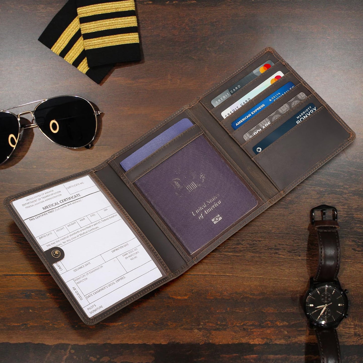 Polare Full Grain Leather Pilot Wallet Passport Holder RFID Blocking Trifold Wallet for Men Travel Cover Document Organizer for Aviation Professionals
