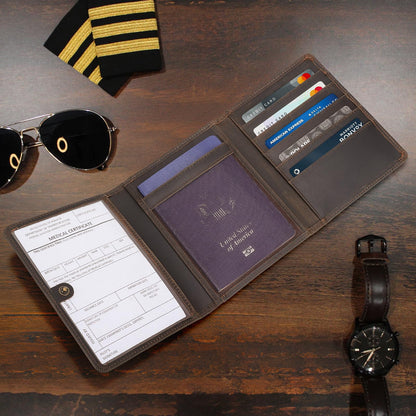 Polare Full Grain Leather Pilot Wallet Passport Holder RFID Blocking Trifold Wallet for Men Travel Cover Document Organizer for Aviation Professionals
