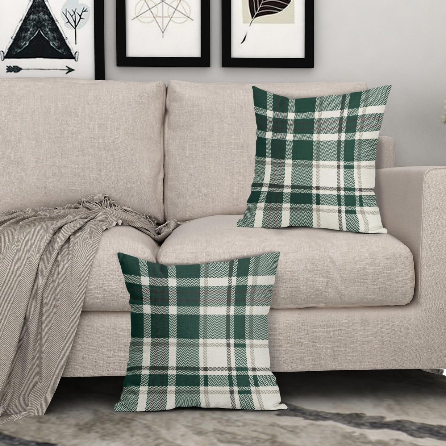 Christmas Plaid Pillow Covers 16x16 Set of 2 Forest Green Grey Buffalo Checkered Decorative Tartan Pillowcases Xmas Winter Holiday Outdoor Rustic Farmhouse Throw Cushion Case Decor for Couch Sofa Bed