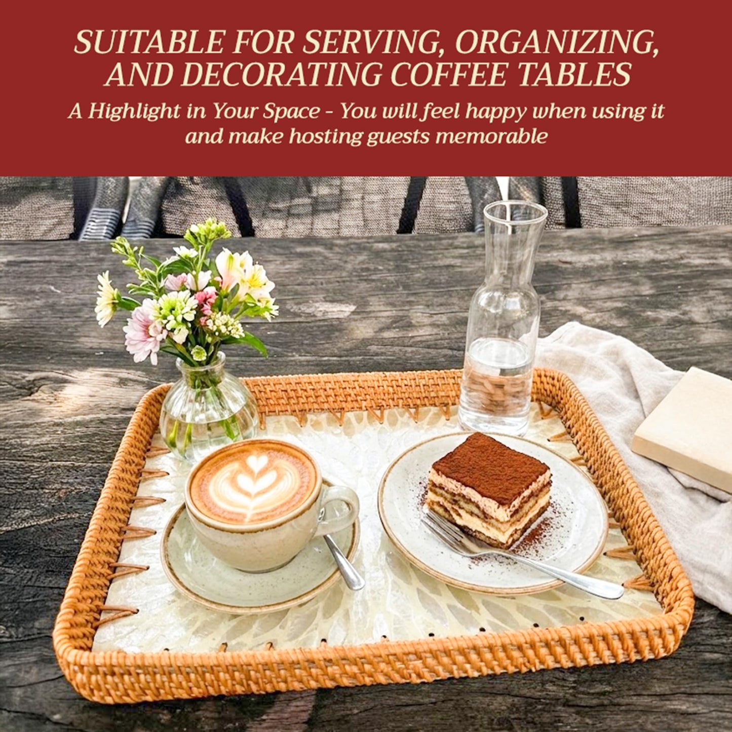 Rattan Tray Rectangle with Mother of Pearl – Unique Decorative Rattan Serving Tray for Food, Bread, Fruits, Snacks & Organizing Bathroom, Coffee Table – Christmas & Housewarming Gift (White 13.3"x9.4)