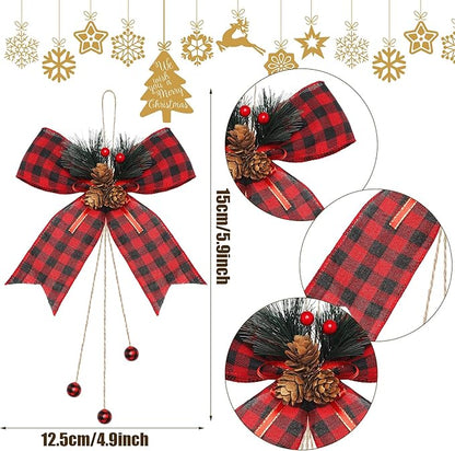 Xinnun 4 Pieces Christmas Buffalo Plaid Bows with Pine Cones Pine Needles Xmas Plaid Bow Ornament Christmas Tree Wreath Decoration for Holiday Parties DIY Crafts Home Decor (Red,Black)