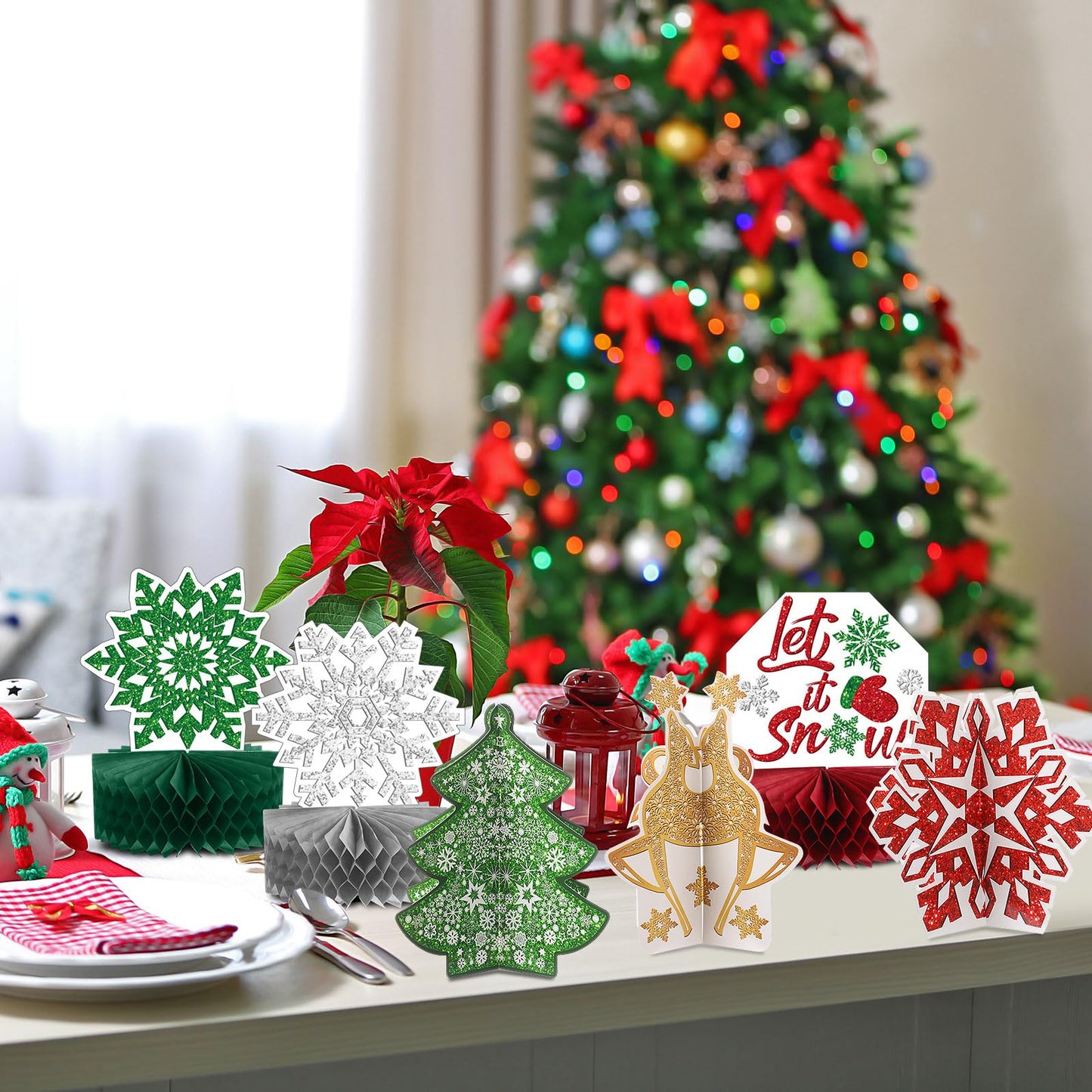 Pajean 12 Pcs Christmas Table Decorations Centerpieces Winter Snowflake Honeycomb Red and Green 3D Xmas Tree Elf Let It Snow Tabletop Sign Gold Sliver Snowflake Wonderland Holiday Party Supplies