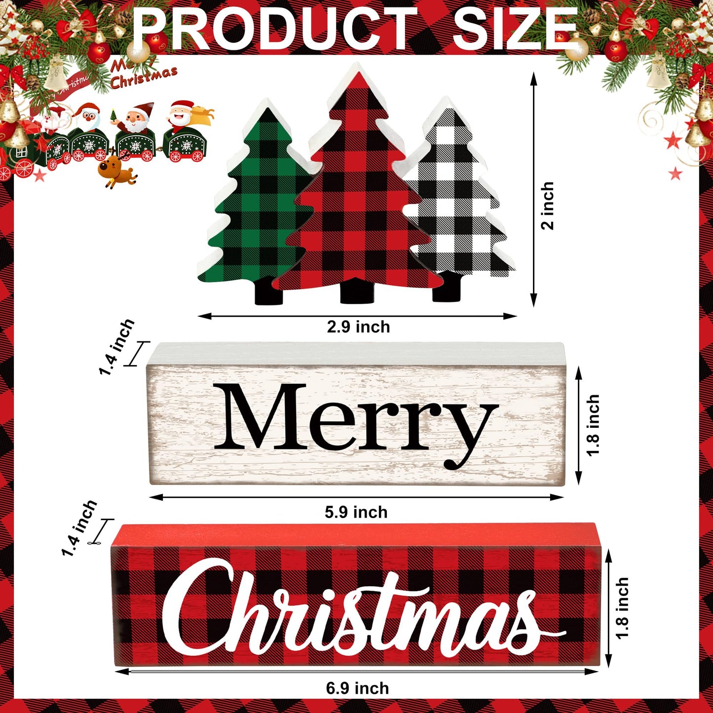 3 Pcs Merry Christmas Table Wooden Decor Christmas Tree Wood Block Sign Xmas Buffalo Plaid Tabletop Centerpiece Xmas Rustic Tiered Tray Decor for Winter Farmhouse Home Kitchen Office Shelf Decoration