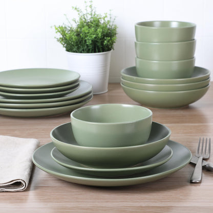 Gibson Home Queenslane 16 Piece Double Bowl Plates and Bowls Dinnerware Sets - Matte Blue