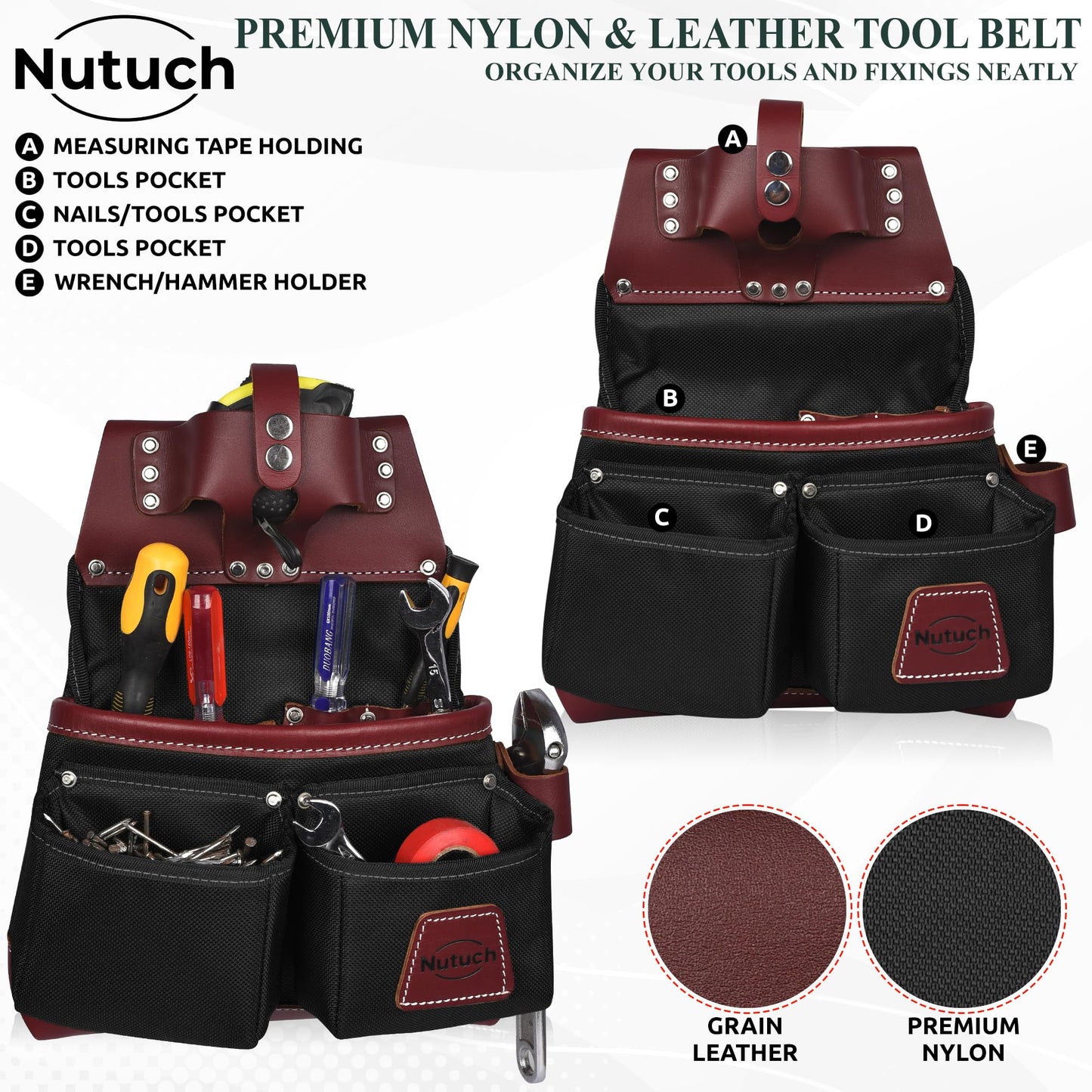 NUTUCH Nylon and Leather Tool Belt | Nylon Tool Pouch | Carpenter Tool Belt | Construction | Framers | Electrician Tool Belts | Drywall Tool Bags | Handyman | Electric (BLACK)