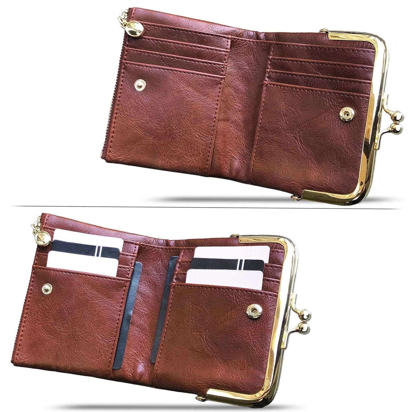PofeeXIO Womens Wallet RFID Small Compact Bifold Leather Vintage Wallet,Ladies Coin Purse with Zipper and Kiss Lock (Brown)