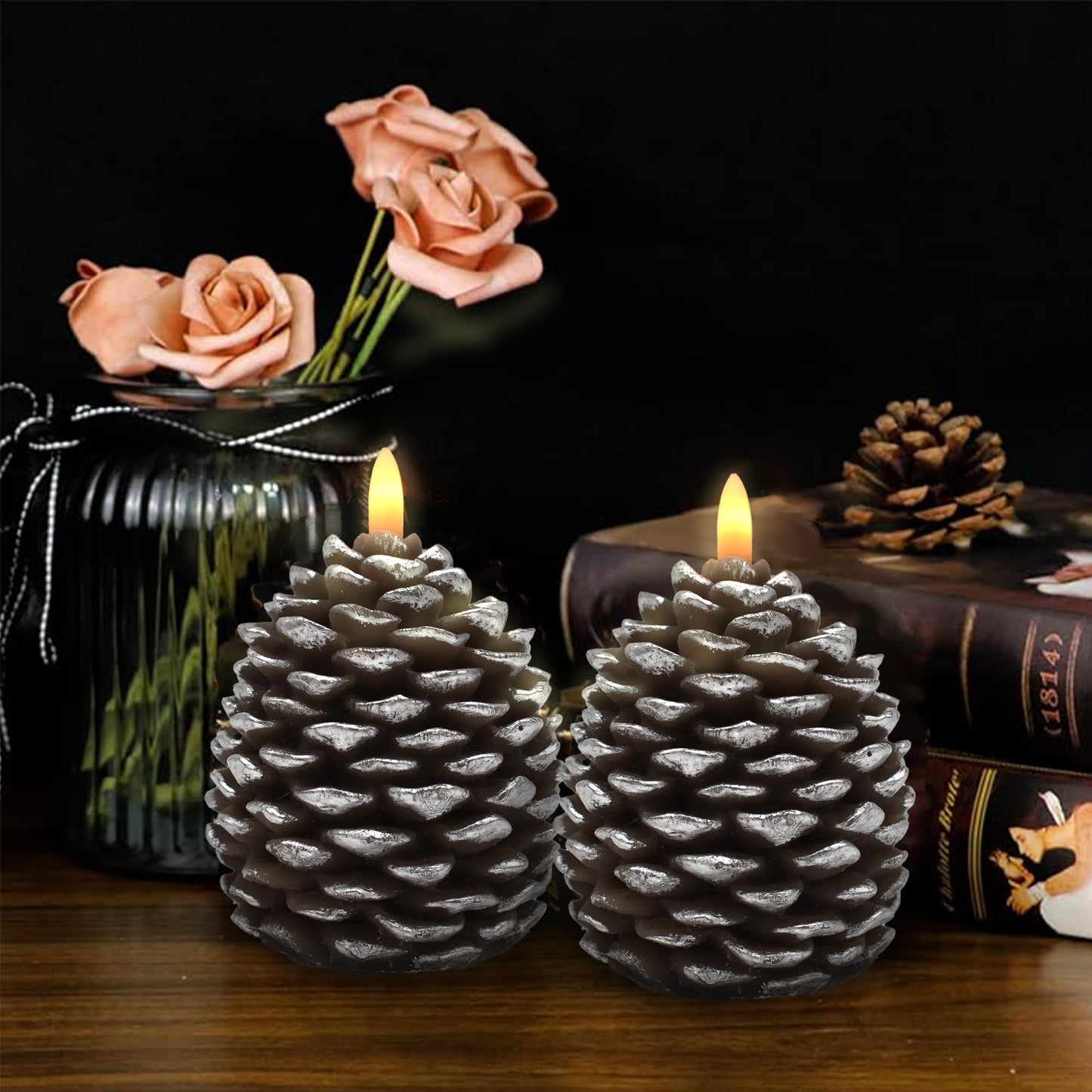 CVHOMEDECO. Pine Cone Candles Battery Operated Pinecones with Remote and Timer, Pine Cones Candle LED Flameless Flickering Candles for Fall, Christmas Decor. Silver-Brown, H 4.8 Inch, Pack of 2