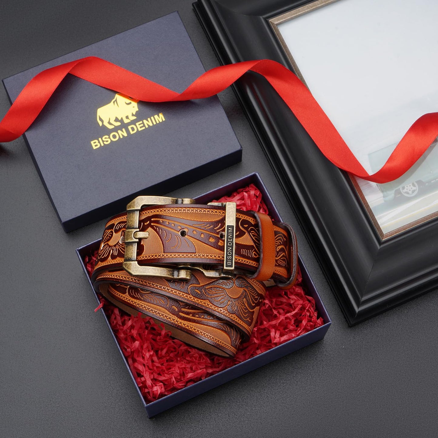 BISON DENIM Men's Genuine Leather Belt, Classic Western Cowboy Dress Belts, Heavy Duty Buckle Jeans Casual Handmade Belt