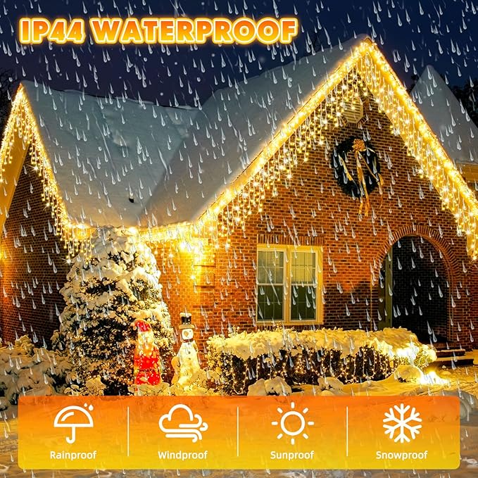 132Ft 1280 LED Christmas Icicle Lights Extra Long 8 Modes Waterproof Icicle String Lights with 240 Drops, Fairy Hanging Lights Decor with Remote for Xmas Wedding Indoor Outdoor(Warm White)