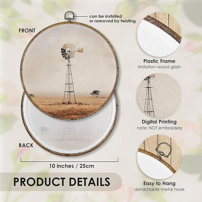 Fewgb Vintage Windmill Farmhouse Round Wall Art Decor Framed for Kitchen Bedroom Living Room, Rustic Farm House Canvas Wall Art Prints Picture, Country Cottagecore Hanging Room Decor Artwork 10x10