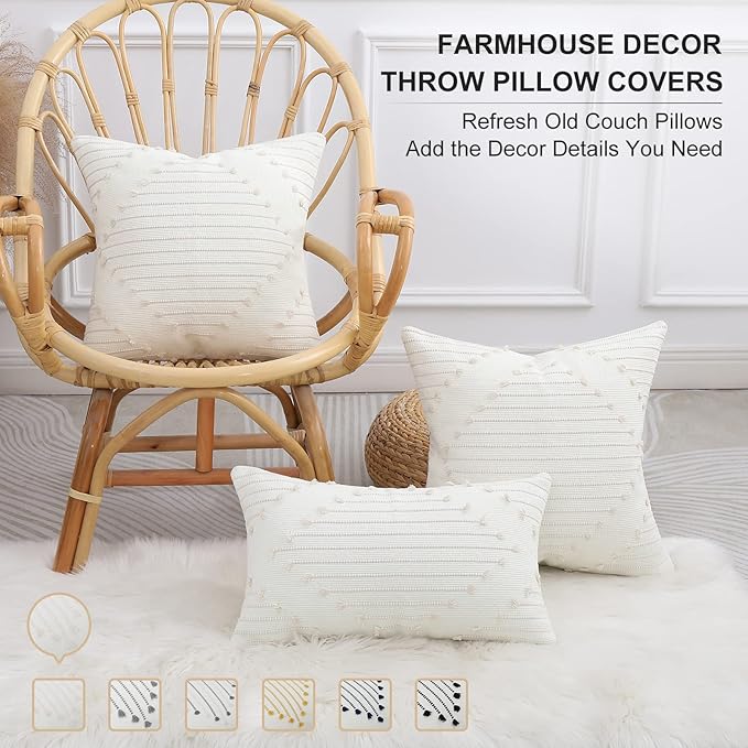 Mecatny Boho Outdoor Throw Pillow Covers 18X18 Set of 2, Farmhouse Decorative Pillow Covers for Couch Sofa Living Room, Beige & Cream White