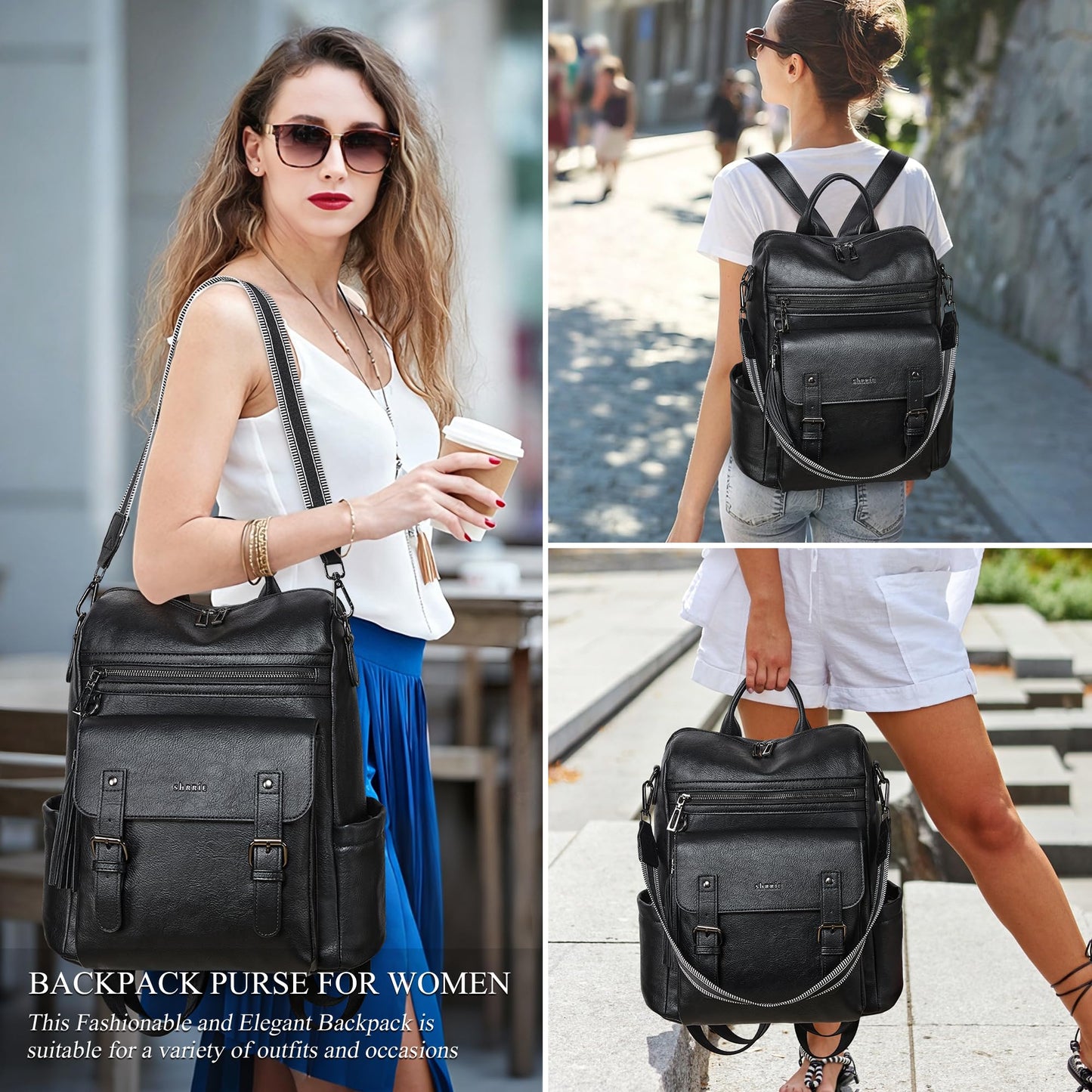 Shrrie Womens Vegan Leather Backpack Purse for Work College Black Fashion Small Backpack Design Water-Resistant Purse