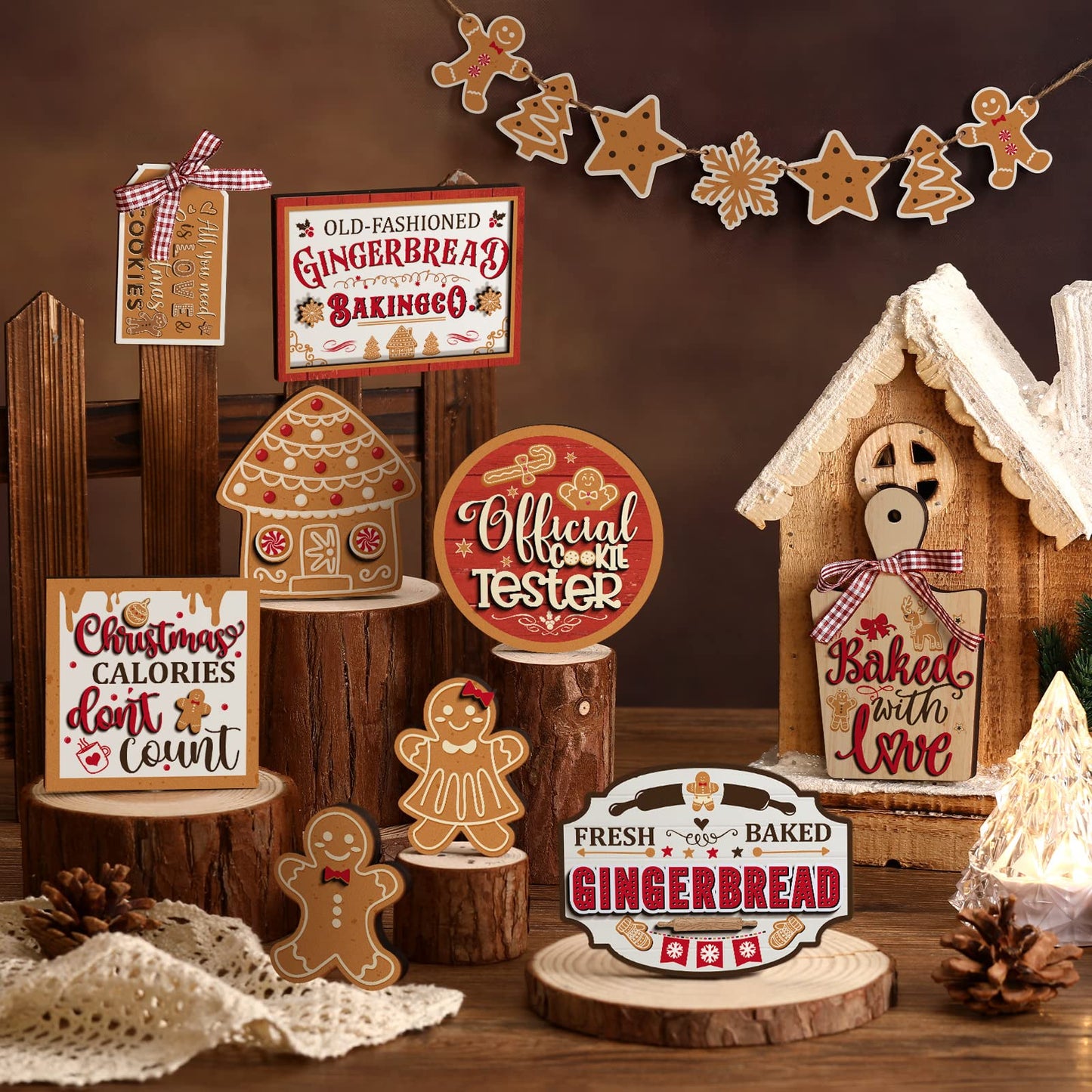 Kajaia 15 Pcs Winter Tiered Tray Decor Christmas Tiered Tray Decorations Set Snowman Snowflake Gingerbread Man Hot Cocoa Wooden Signs Farmhouse Winter Table Decorations(Gingerbread Man)