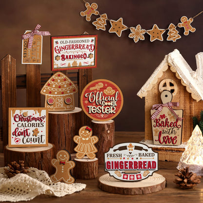 Kajaia 15 Pcs Winter Tiered Tray Decor Christmas Tiered Tray Decorations Set Snowman Snowflake Gingerbread Man Hot Cocoa Wooden Signs Farmhouse Winter Table Decorations(Gingerbread Man)