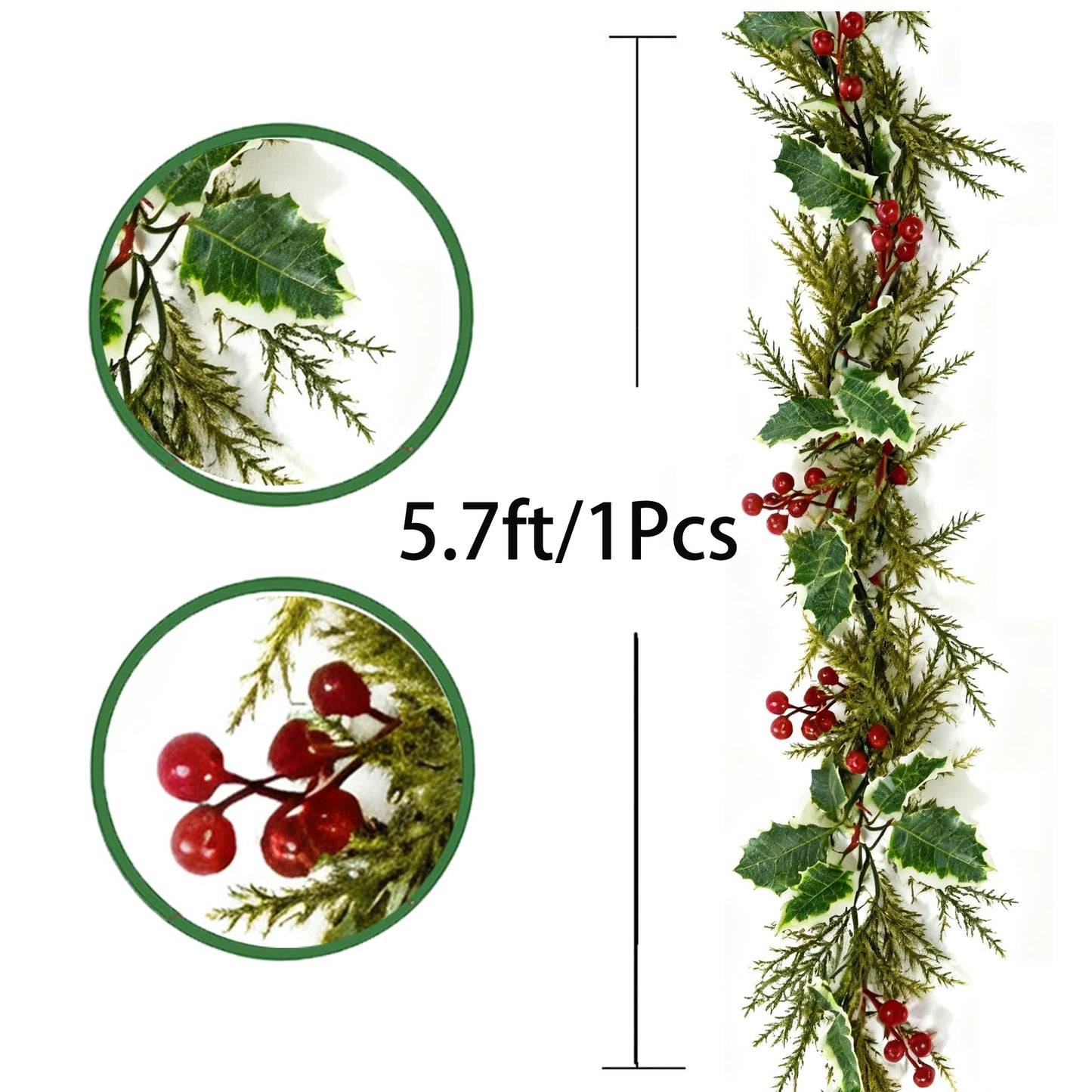2Pcs 5.7Ft Artificial Christmas Garlands, Red Berry Greenery Leaves Xmas Garland for Mantel Fireplace Holiday Winter Xmas Decor
