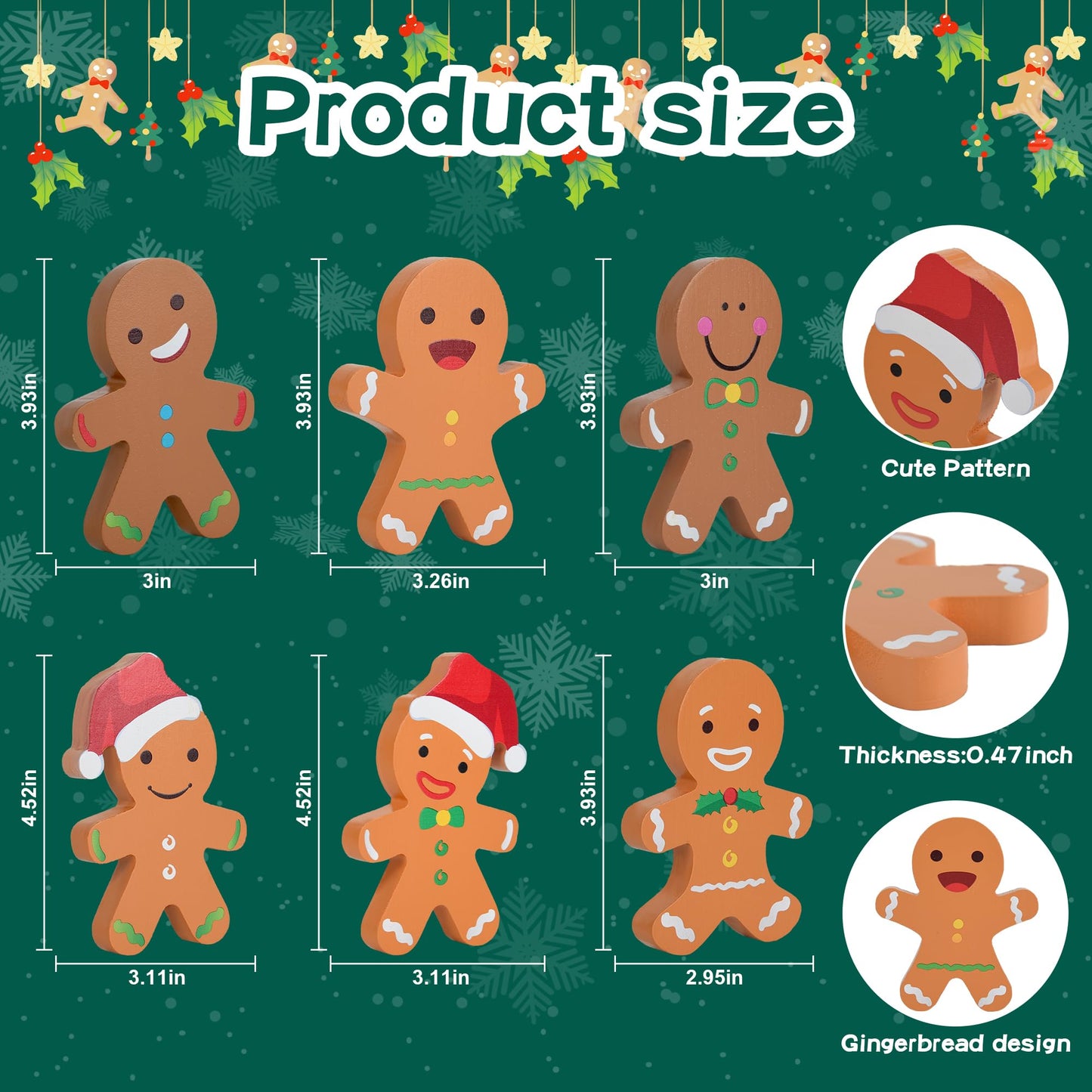 AllReal 6 Pcs Gingerbread Christmas Decorations Xmas Gingerbread Man Wooden Signs Farmhouse Decorative Winter Tabletop for Tiered Tray Holiday Party House Decor