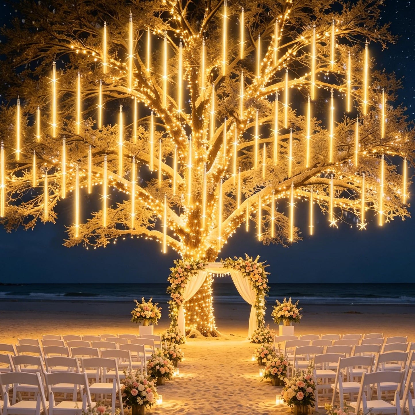 EAGWELL Meteor Shower Lights Outdoor Christmas Lighting Falling Rain Lights 12Inch 10Tubes Rain Drop Light Snowfall Icicle Cascading String Decor for Xmas Holiday Tree Garden Decor,Shine Warm White