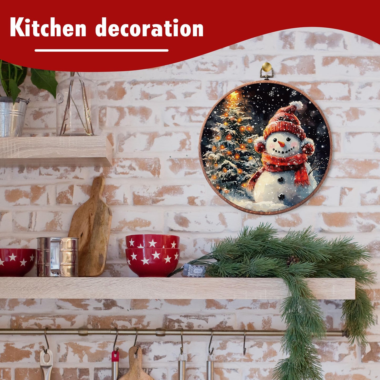 heiyihe Round Christmas Trees Snowman Hanging Canvas Artwork, 10x10 Inches Round Christmas Canvas Frame Wall Art Decor, Embroidery Kit Decor for Home Living Room, Gift Ideas for Family Friends-A09