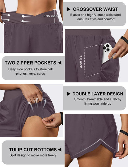 Blooming Jelly Women's Workout Shorts Athletic Running Elastic High Waisted Black Gym Yoga Shorts with Zipper Pockets (Coffee,Medium)