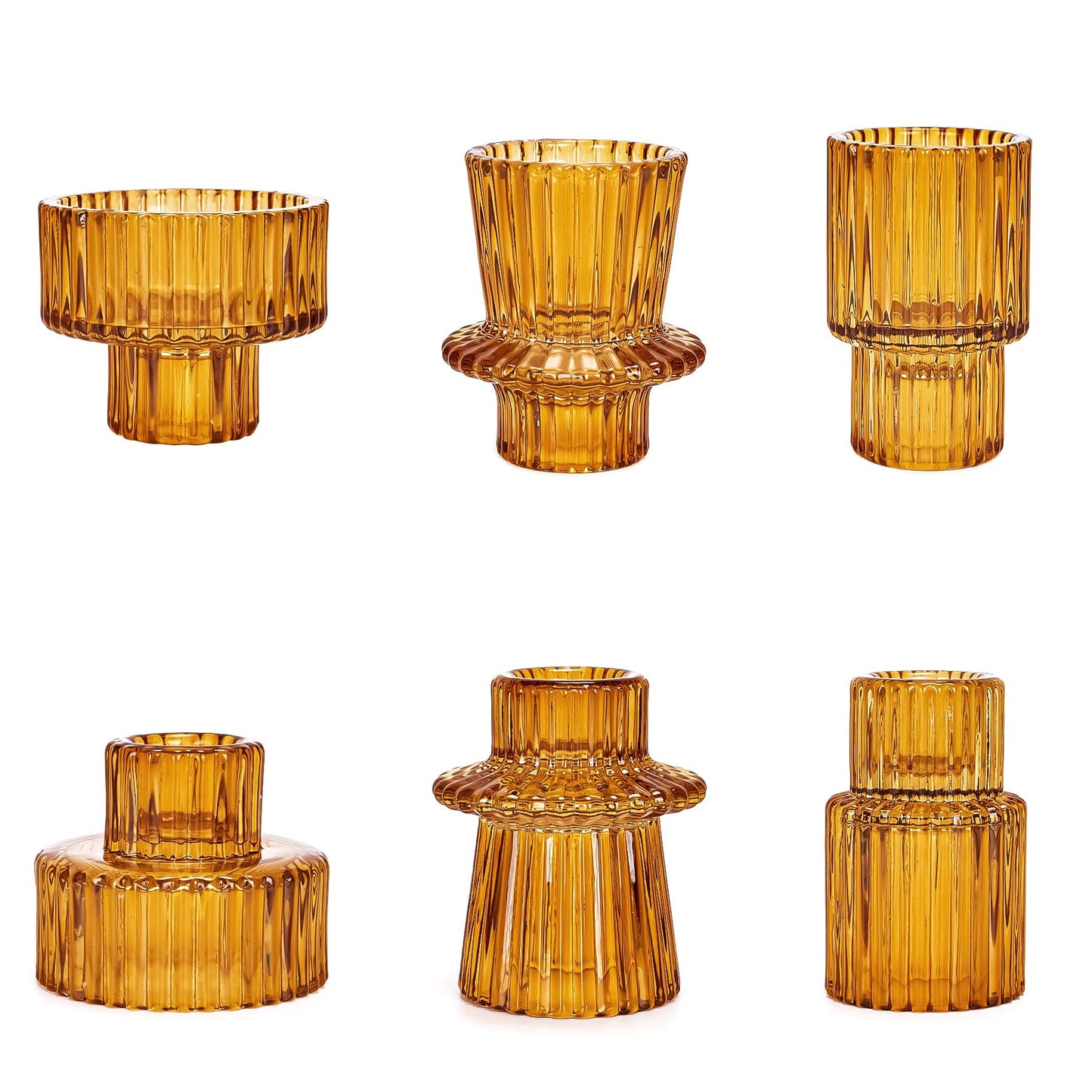 Toptime Candlestick Holders Set of 6, Ribbed Glass Taper Candle Holders, Reversible Amber Tealight & Candle Stick Candle Holder Vintage Crystal Tapered Candlestick for Wedding Dinner Party Festival