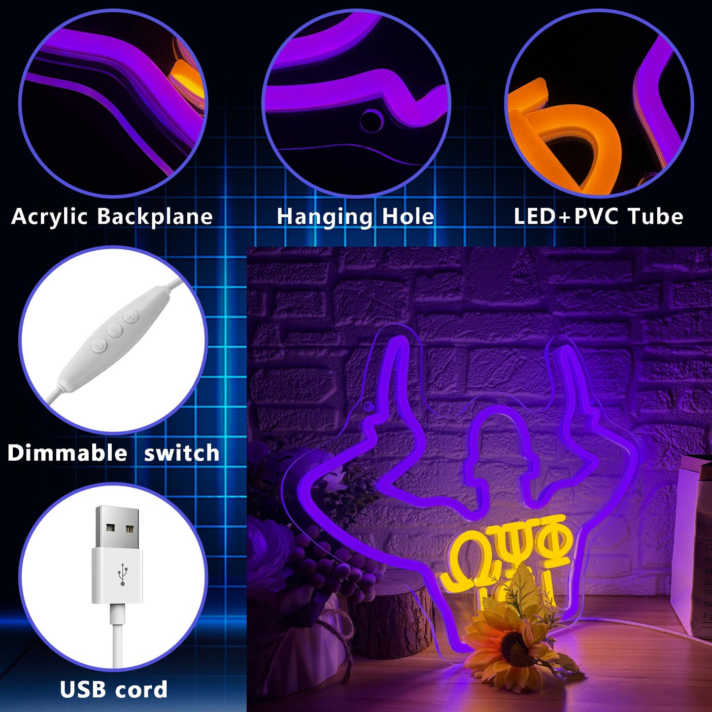 Omega Neon Light Sign Dimmable LED Greek Gesture Shape Retro Math Letter Psi Phi Neon Light, Party Bar Game Room Cinema Living Room Decor Festive Omega Birthday Holiday Gifts(15.7 * 11.8in)