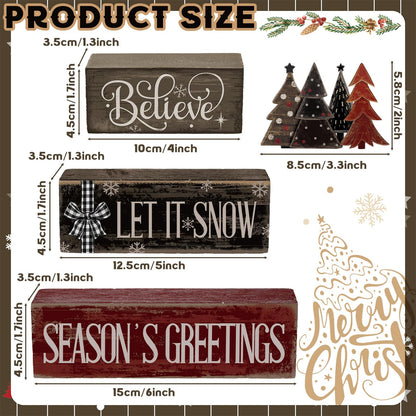 Moucuny 4 Pcs Christmas Table Decor Christmas Tree Centerpiece Rustic Decorative Tree Block Signs Gift Winter Tiered Tray Decor Farmhouse Winter Tabletop Decoration for Home Xmas Party Kitchen Shelf