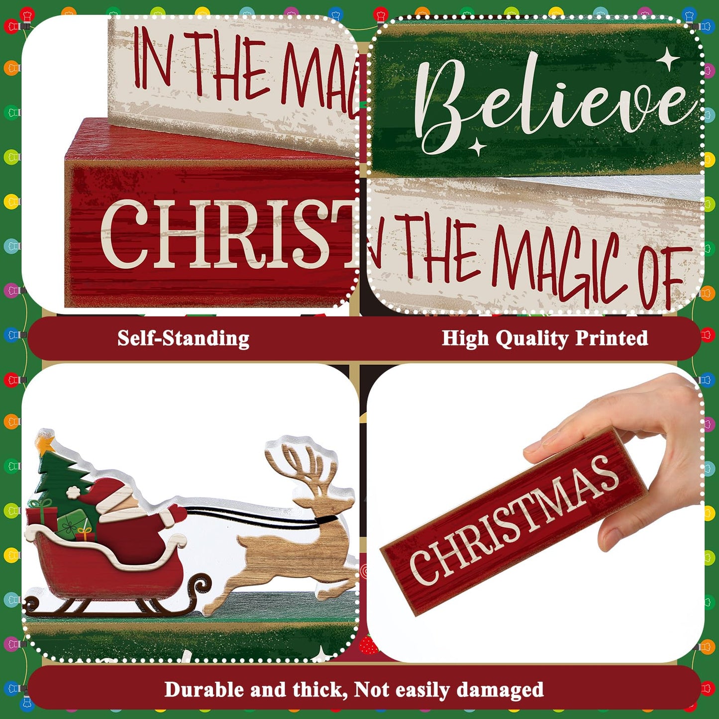 Lineshading 4 Pcs Summer Christmas Table Decoration Wooden Santa Claus Decor Christmas Tiered Tray Decor Decorative Santa Claus Elk Block Sign Gift Farmhouse Xmas Centerpiece for Home Kitchen Shelf