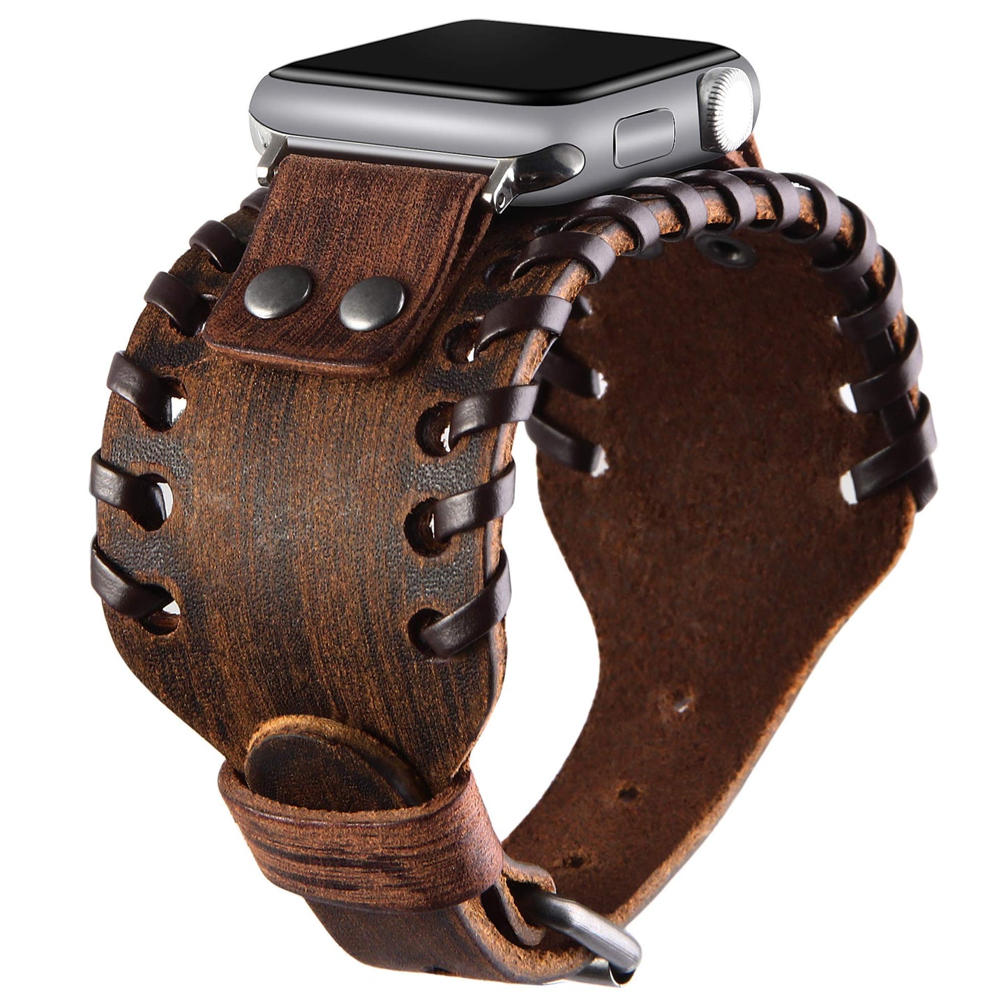 VIQIV Wide Cuff Bracelet Leather Band Compatible with Apple Watch 42mm 44mm Sports Watches for Men Women, Unisex Retro Replacement Wrist Strap for iWatch Series SE 6/5/4/3/2/1, Brown