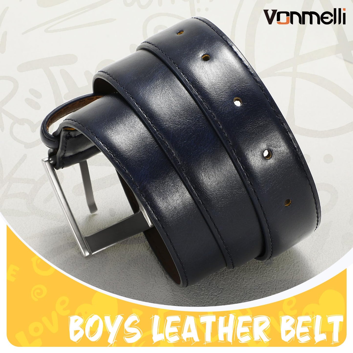 VONMELLI Boys Belt Leather Kids Blue Belt for Dress Jeans Formal and Casual Pants School Uniform Belts, XXL
