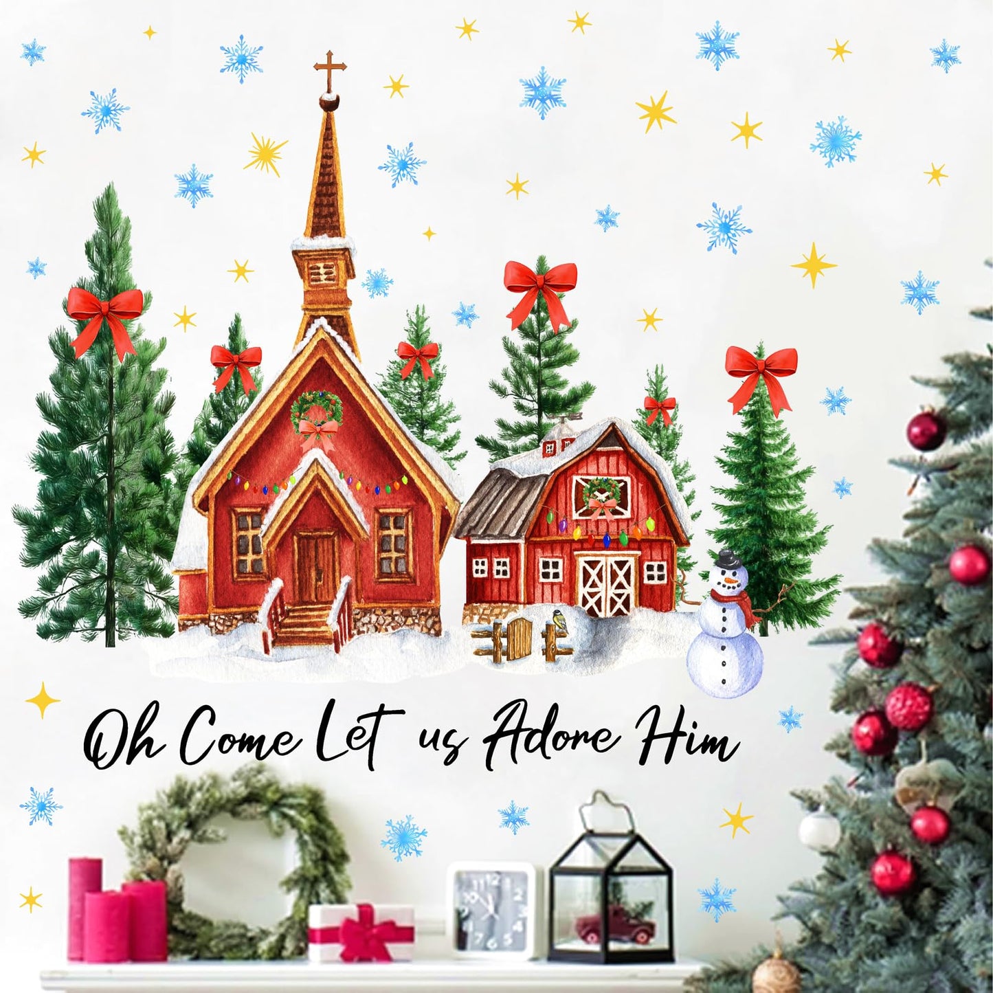 Large Christmas House Wall Stickers Christmas Pine Tree Window Wall Decals Winter Snowflake Snowman Tree House Window Stickers Holiday Windows Decals Removable Xmas Party Decorations