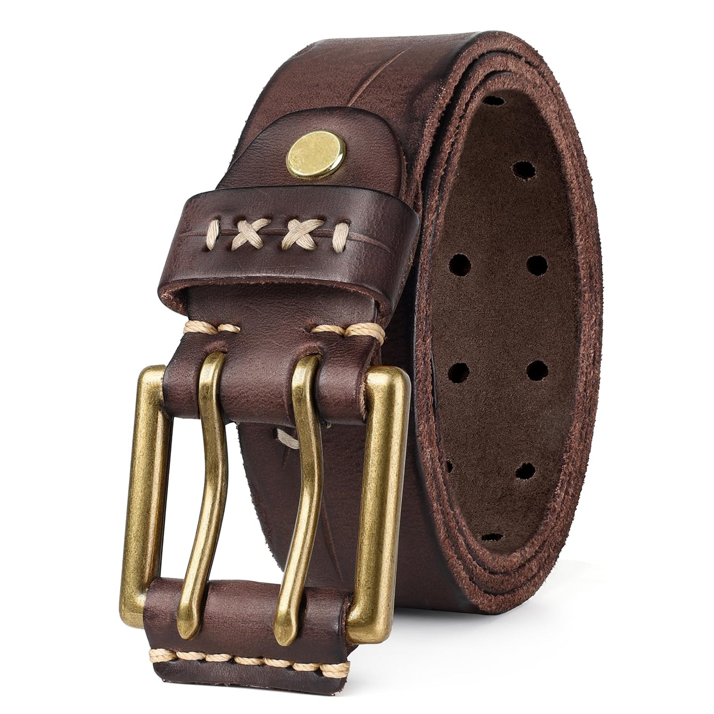 OZNDAS Real Leather Belts for Men Work Heavy Duty Double Prong Men's Belt Jeans Casual Mens Belts Leather Christmas Gifts Coffee Mens Leather Belt with Gold Buckle