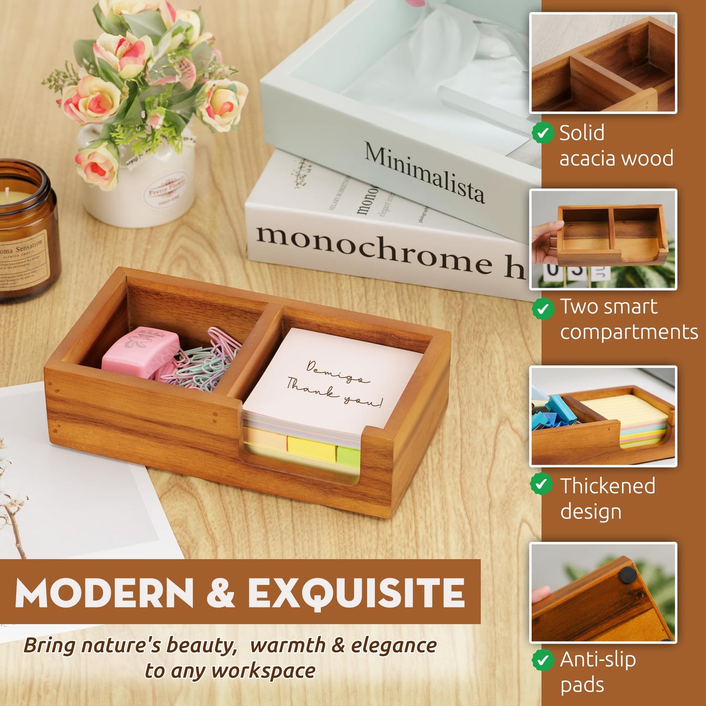 Demigo Wooden Sticky Note Holder for Desk – Solid Acacia Wood Organizer for 3x3 Note Pads, Paper Clips, Office Supplies – Compact Memo Pad Holder for Home Office, Teachers
