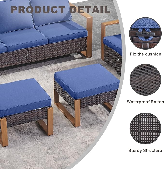 Rilyson Outdoor Ottoman Wicker Patio Footrest - 2 Piece Wicker Footrest Footstools Set with Sturdy Frame,All-Weather PE Wicker, Thick Cushions for Deck Porch Garden(Brown/Blue)