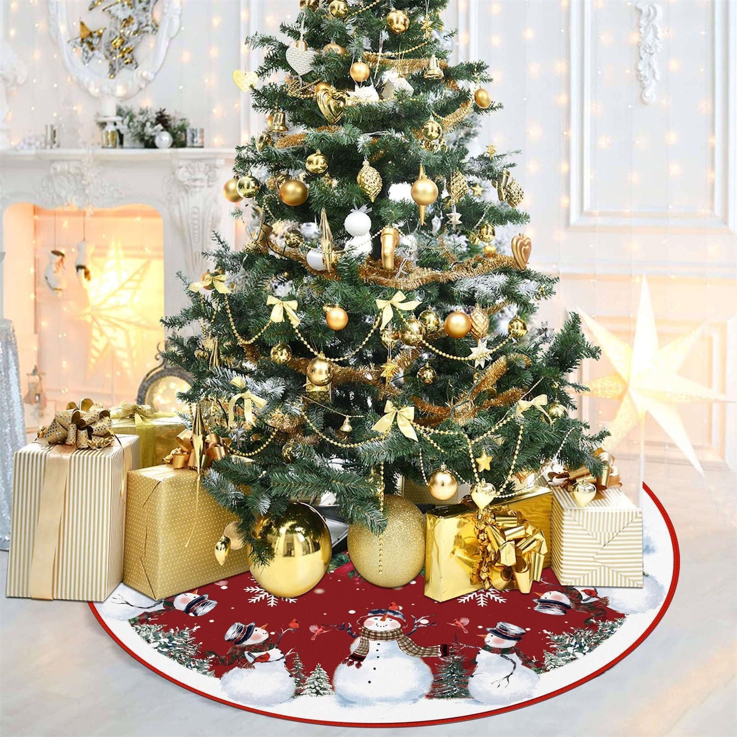 EKOREST Snowman Christmas Tree Skirt 48 Inches, Red Backgrond Snowflake Pencil Tree Skirt, Winter Xmas Tree Mat Decorations for Home Party Holiday Decorations