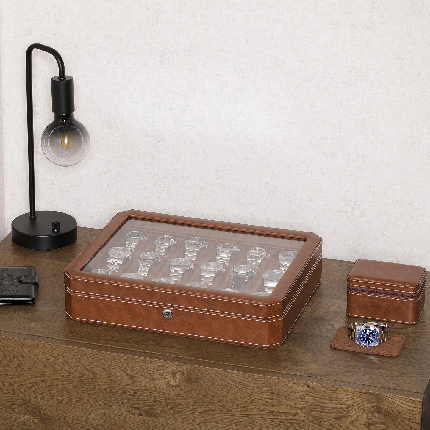 ROTHWELL 18-Slot Watch Case – Luxury Watch Box for Men, Real Glass Top, Lockable, Elegant Display for Collections (Tan/Brown)