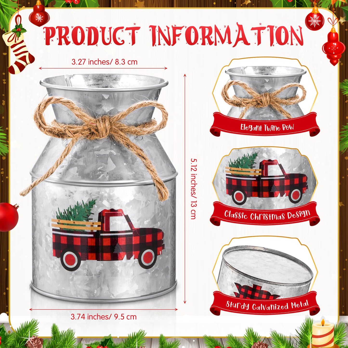 Domensi 6 Pcs Christmas Flower Vases for Table Centerpieces Bulk 5.12 Inch Rustic Metal Galvanized Flower Buckets with Bow Farmhouse Buffalo Plaid Xmas Milk Can Jug for Kitchen Dining Table Decor