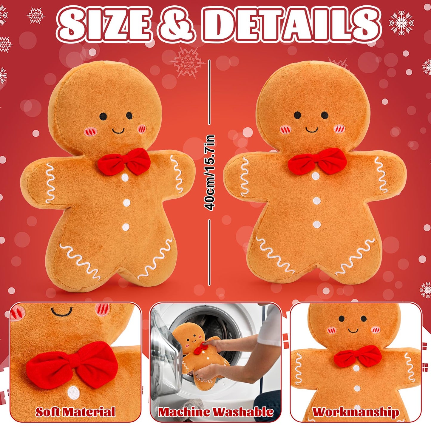 Whaline Christmas Gingerbread Throw Pillows 15.7 in Decorative Cute Stuffed Gingerbread Man Shaped Pillows for Xmas Party Home Couch Cushion, Set of 2