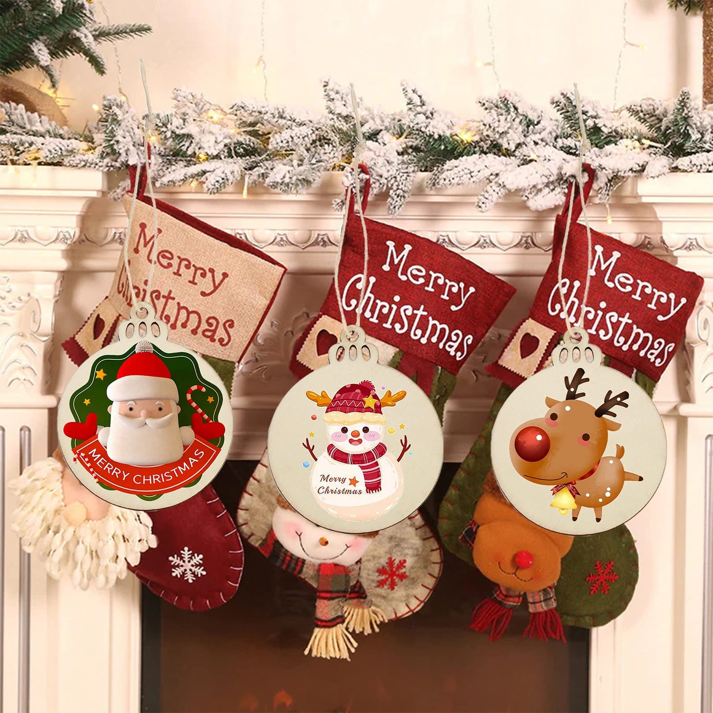 LEBERY 50Pcs Wooden Christmas Ornaments Unfinished Natural Wood Cutouts Ornament Predrilled Wooden Christmas Cutouts for Crafts to Paint DIY Centerpieces Hanging Decorations