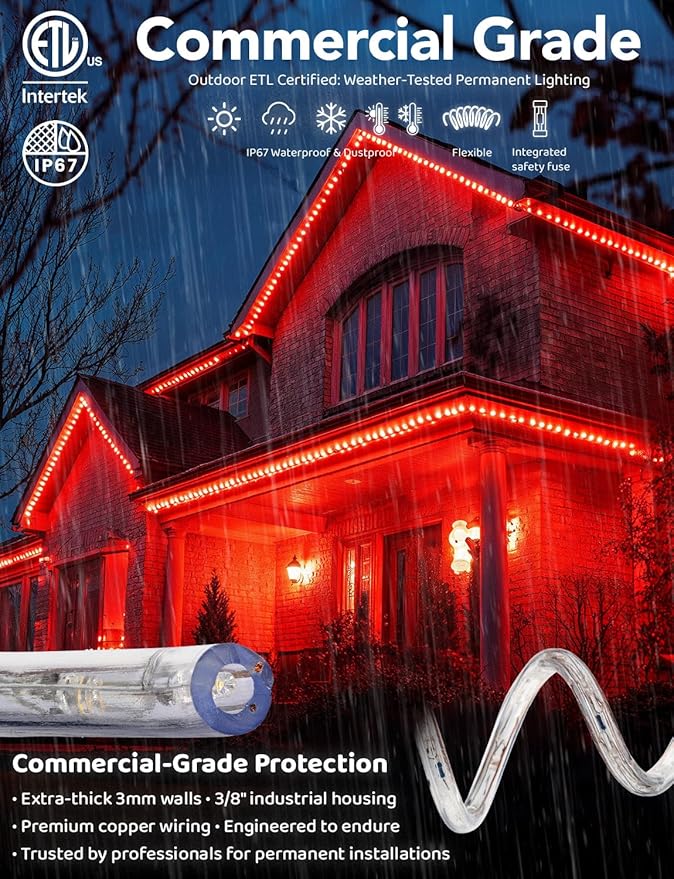 WYZworks 576LEDs 50ft LED Outside Rope Lights, Outdoor ETL Certified Waterproof Permanent 360 Degree Light Emitting, Flexible Tube, Connectable, Christmas Palm Tree Exterior Landscape, Red