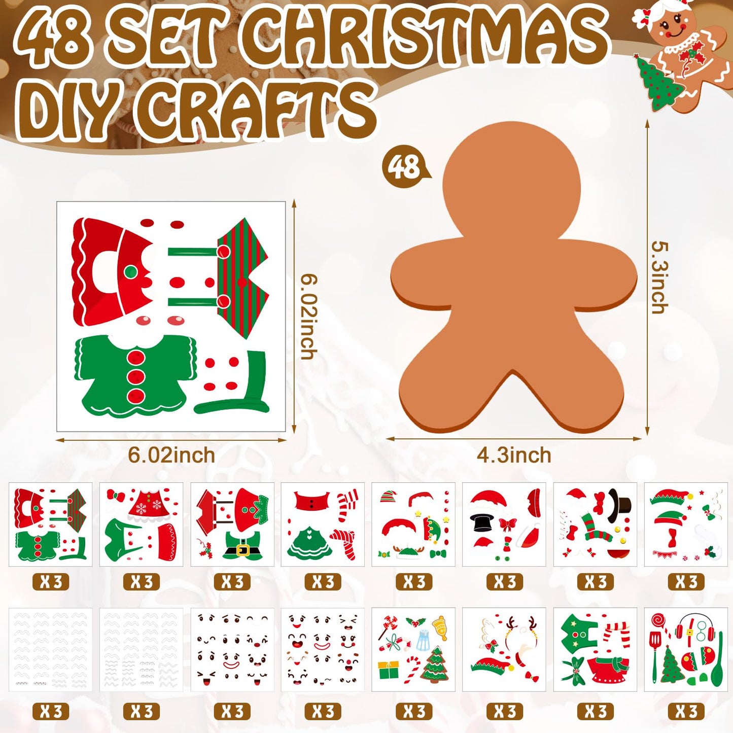 Frienda 48 Set Christmas Gingerbread Craft Kit Make a Gingerbread Man Ornament Stickers Bulk DIY Arts and Crafts for Xmas Tree Decoration Fun Christmas Party Favors Home Game Activities