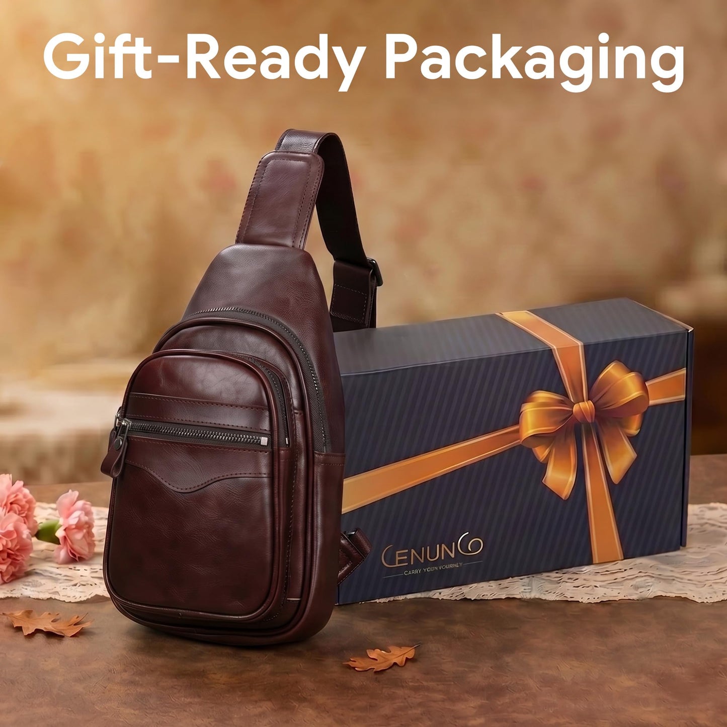 CENUNCO Genuine Leather Sling Bag for Men and Women Crossbody Shoulder Bag Sling Backpack Chest Purse Carry on Casual Daypack(Dark Brown)