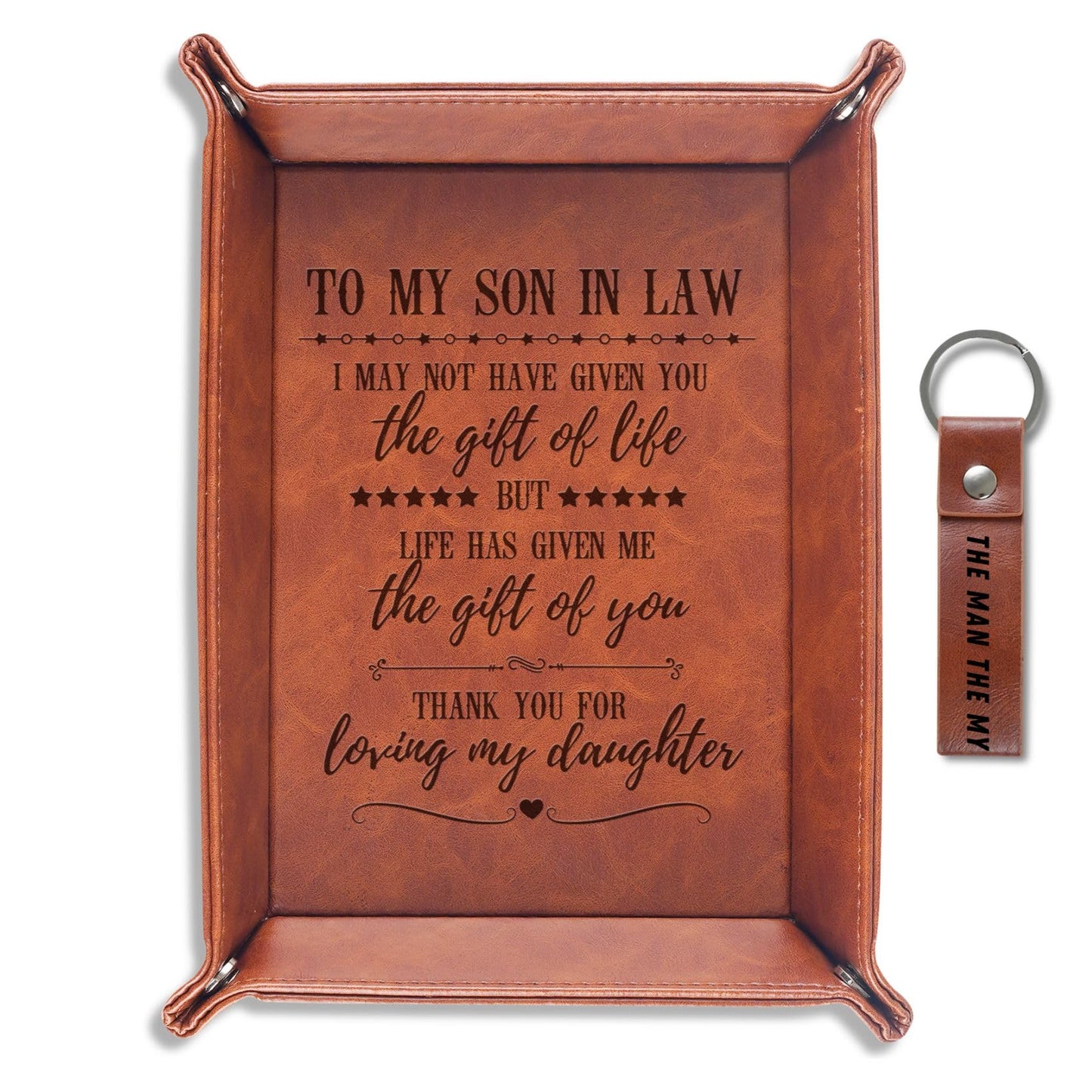 INNObeta Son in Law Gifts Valet Tray from Dad, Mom, Desktop Storage Organizer PU Leather Bedside Tray Key Coin Holder for Birthday, Christmas