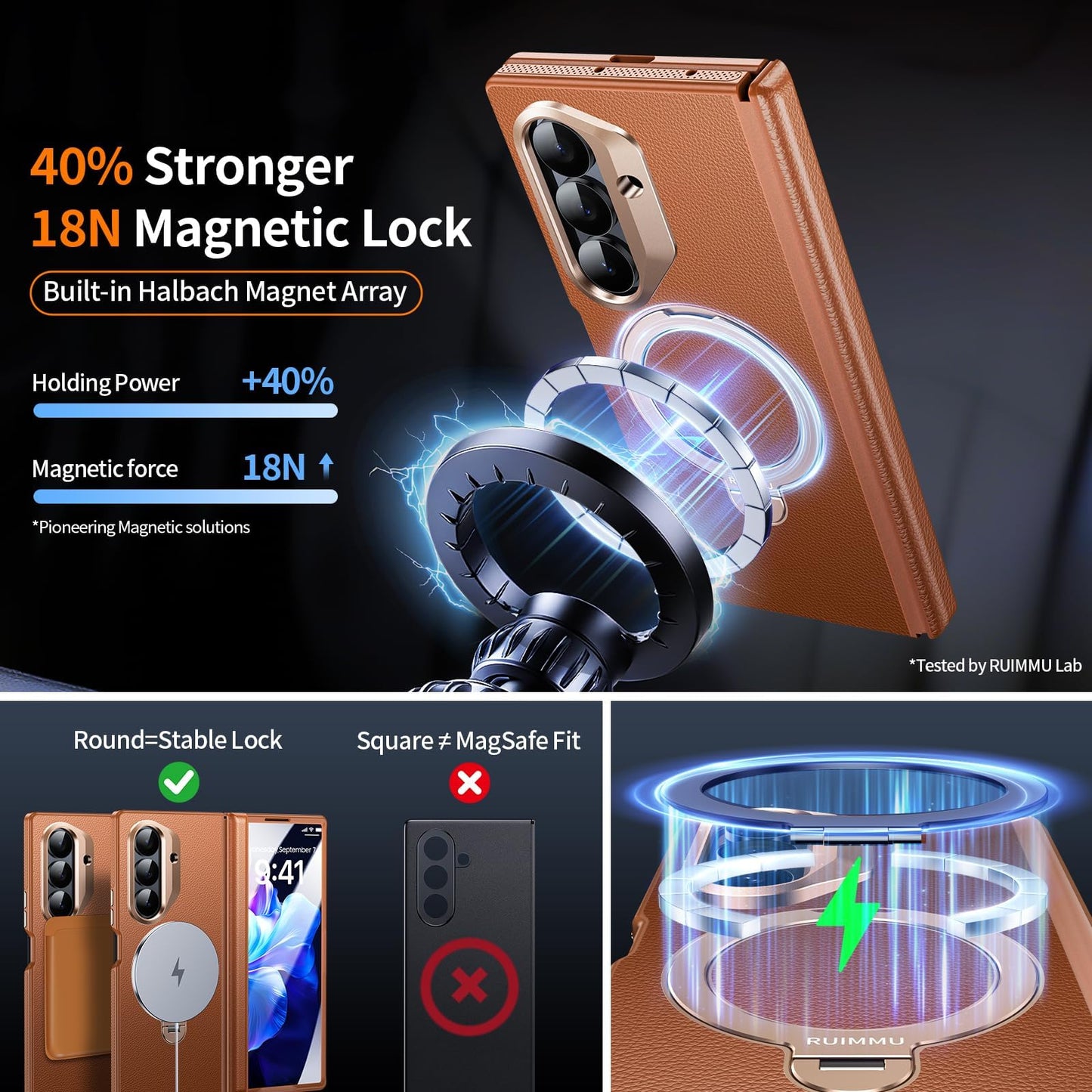 RUIMMU for Samsung Galaxy Z Fold 7 Case - Luxury Leather Texture Zfold 7 Case with Screen Protector, Kickstand and 360° Ring Holder Brown