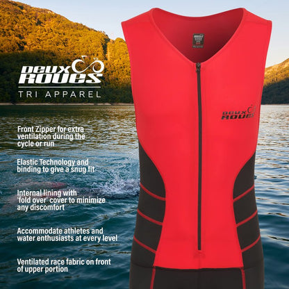 Deux Roues Youth Triathlon Suit Racing Tri Cycling Skin Suit Bike Swim Run - Bonus Race Bib Belt (Red, Youth 14)