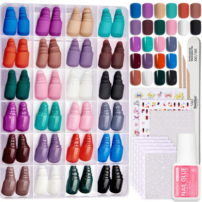 Beetles Press on Nails Kit 720Pcs 24 Colors, Press on Nails Short Almond Glossy Matte Glitter With Nail Glue & Nail Tabs Stickers, Natural Fit Lightweight Fake Nails Kit Art For Women Girls