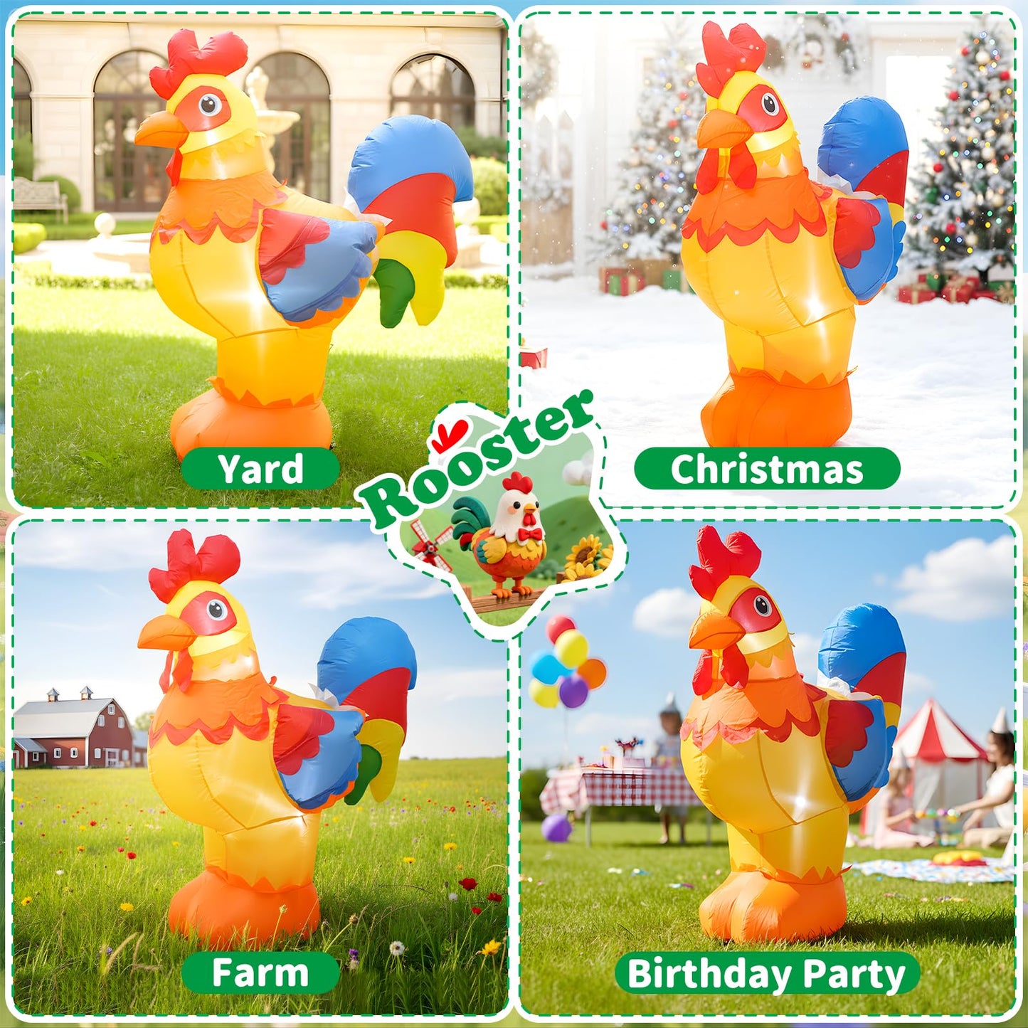 4FT Inflatables Christmas Spring Farm Ranch Blow up Animals Cute Rooster Decorations with LED Light Indoor Outdoor Yard Graden Party Lawn Holiday Decor
