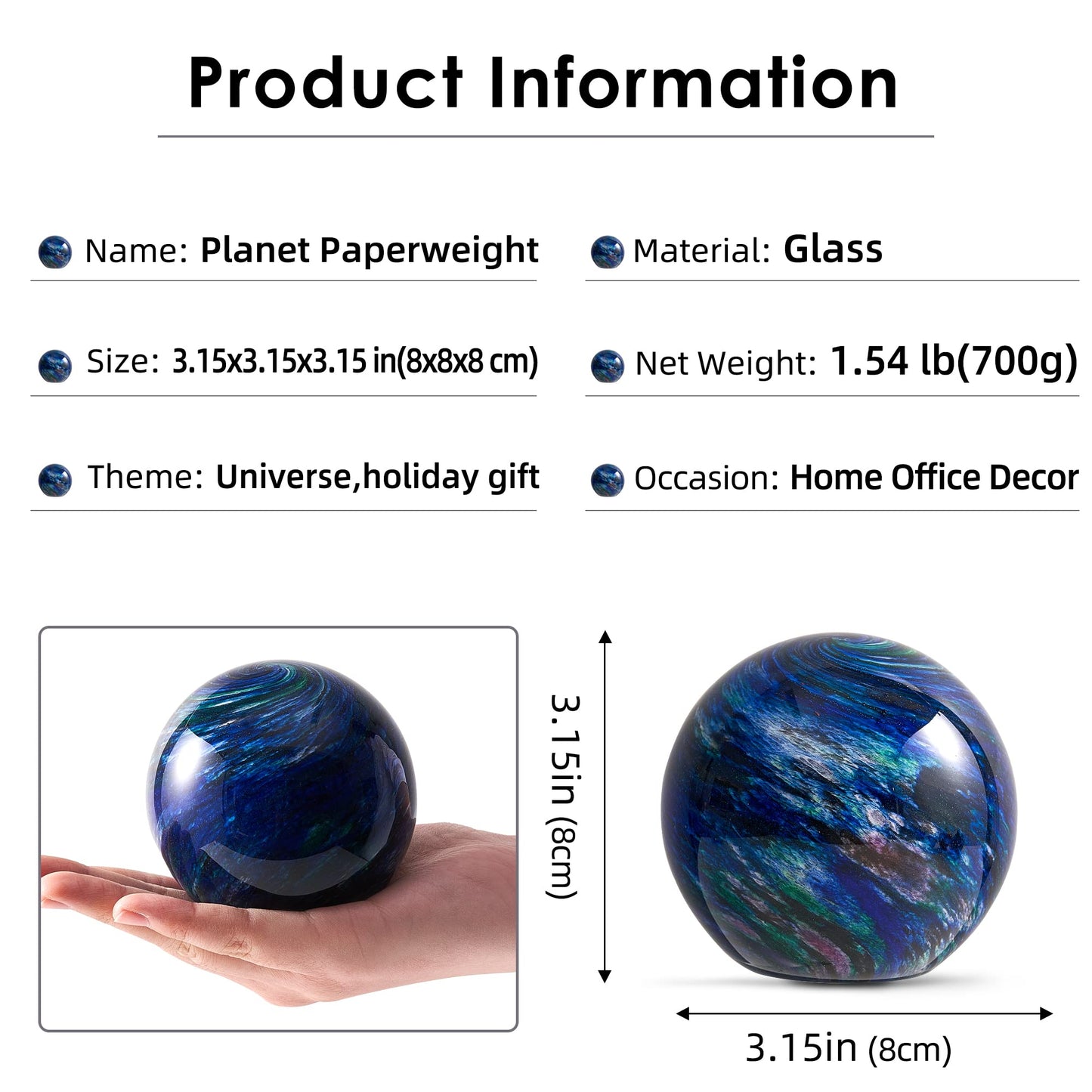 Hand Blown Glass Figurines Ball Ocean Waves,Office Paperweight Glass for Desk,Home Decor Collectible,Aquarium Decor,Office Decor Ocean Lovers (Planet)