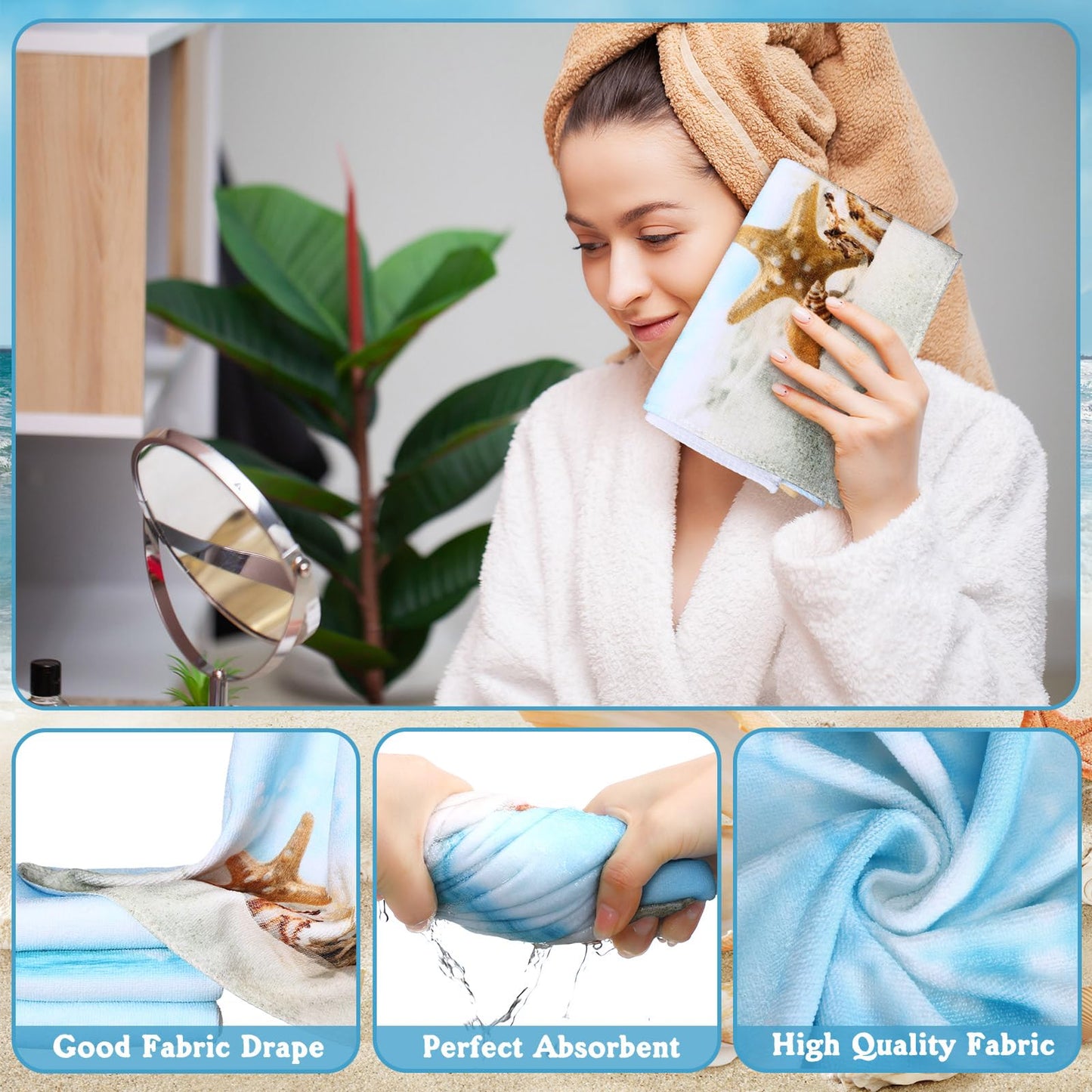 FuWeave 8 Pcs Summer Beach Shower Curtain Set Bathroom Decor Sea Ocean Waterproof Bathroom Accessories Shower Curtain Sets with Towels Carpet Bath Mat Toilet Rugs and 12 Hooks