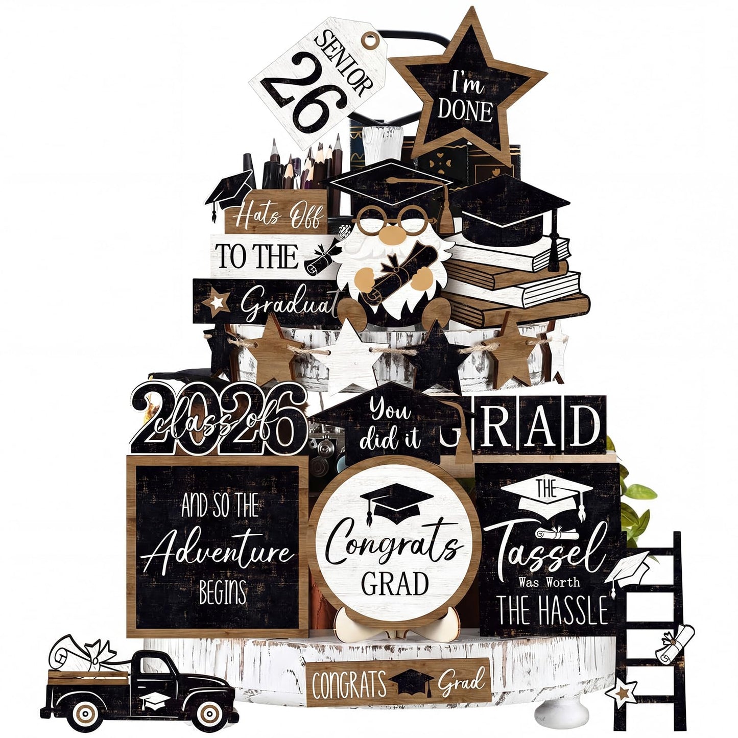 Vercraft 18 Pcs Graduation Tiered Tray Decorations Class of 2026 Tiered Tray Decor Black White Grad Wooden Signs Farmhouse Table Shelf Decoration for Graduation Party Supplies(Grad)